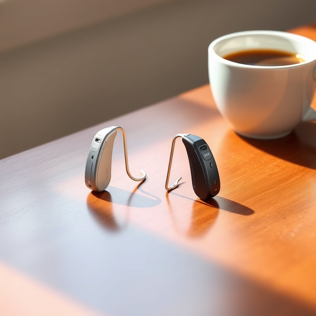 A photorealistic photo of two HearWell hearing aids (one Base model in silver
