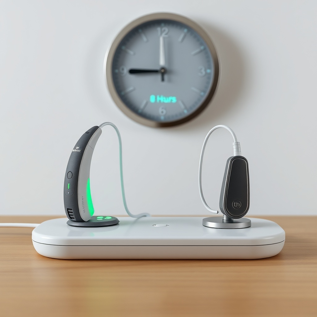 Photo realistic side-by-side shot of a HearWell RIC and BTE hearing aid on a charging pad