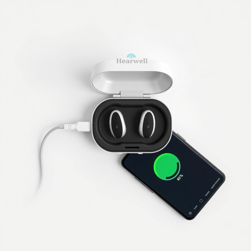 Photo realistic overhead view of a HearWell charging case with two hearing aids inside