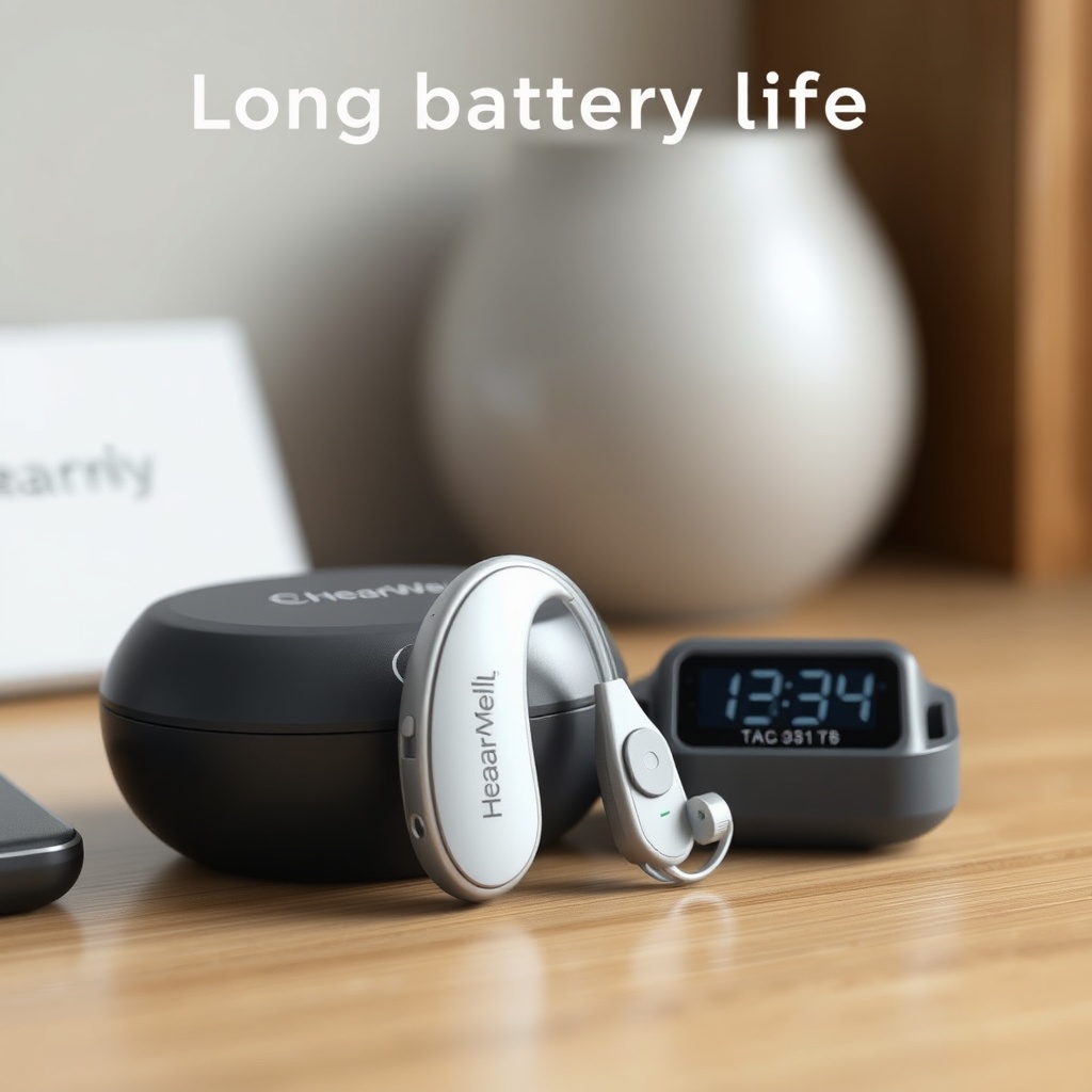 A photorealistic shot of a HearWell hearing aid resting on a wooden desk next to its charg