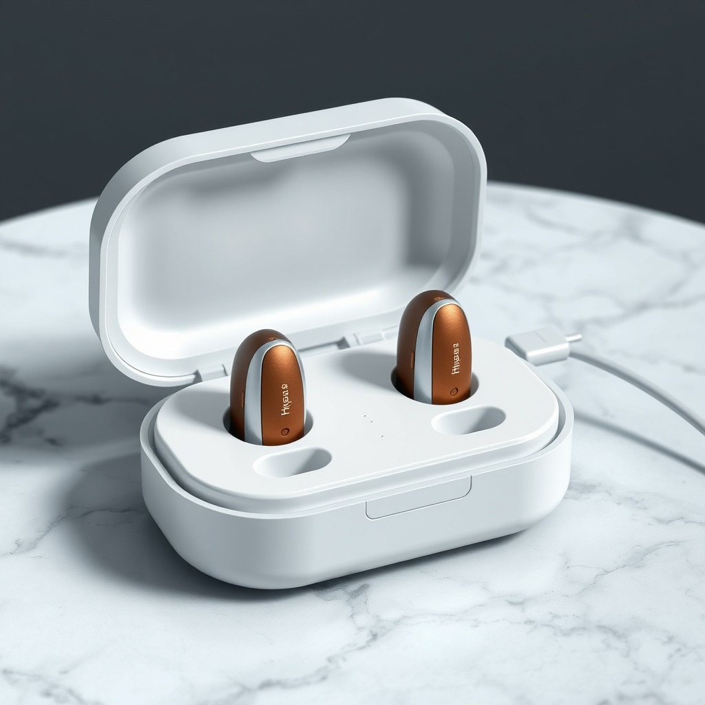 A photorealistic illustration of a charging case opened with two HearWell hearing aids sea