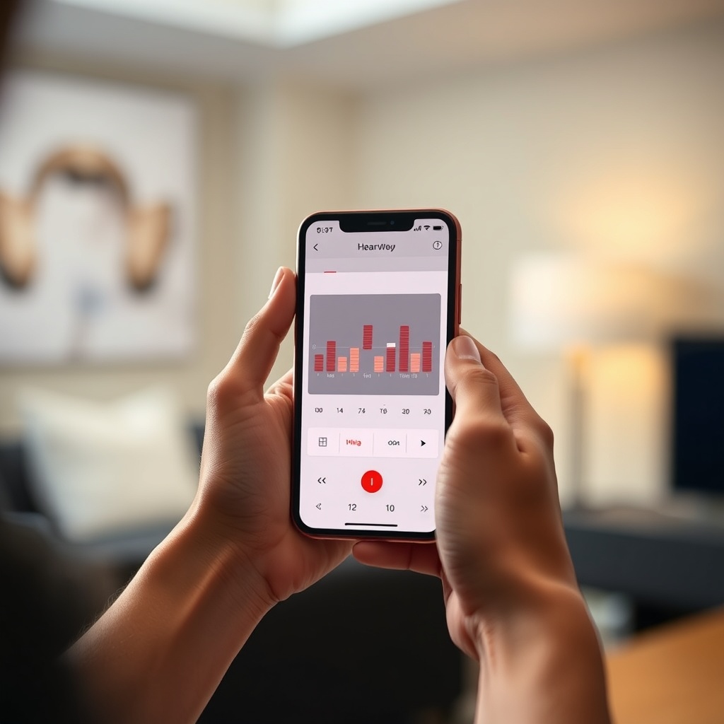 <A photorealistic photo of a person’s hands holding a smartphone with the HearWell app ope