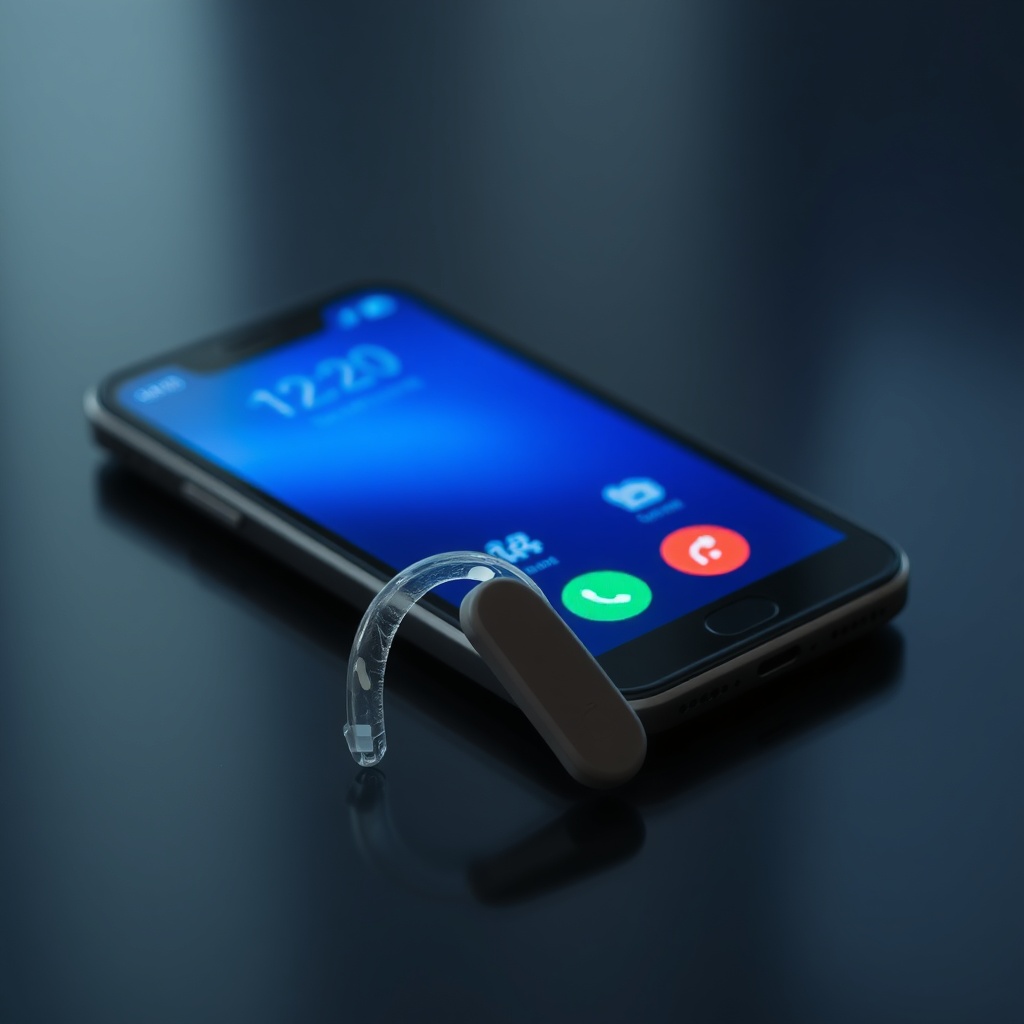 A clean photorealistic photo of a hearing aid resting on a table beside a smartphone showi
