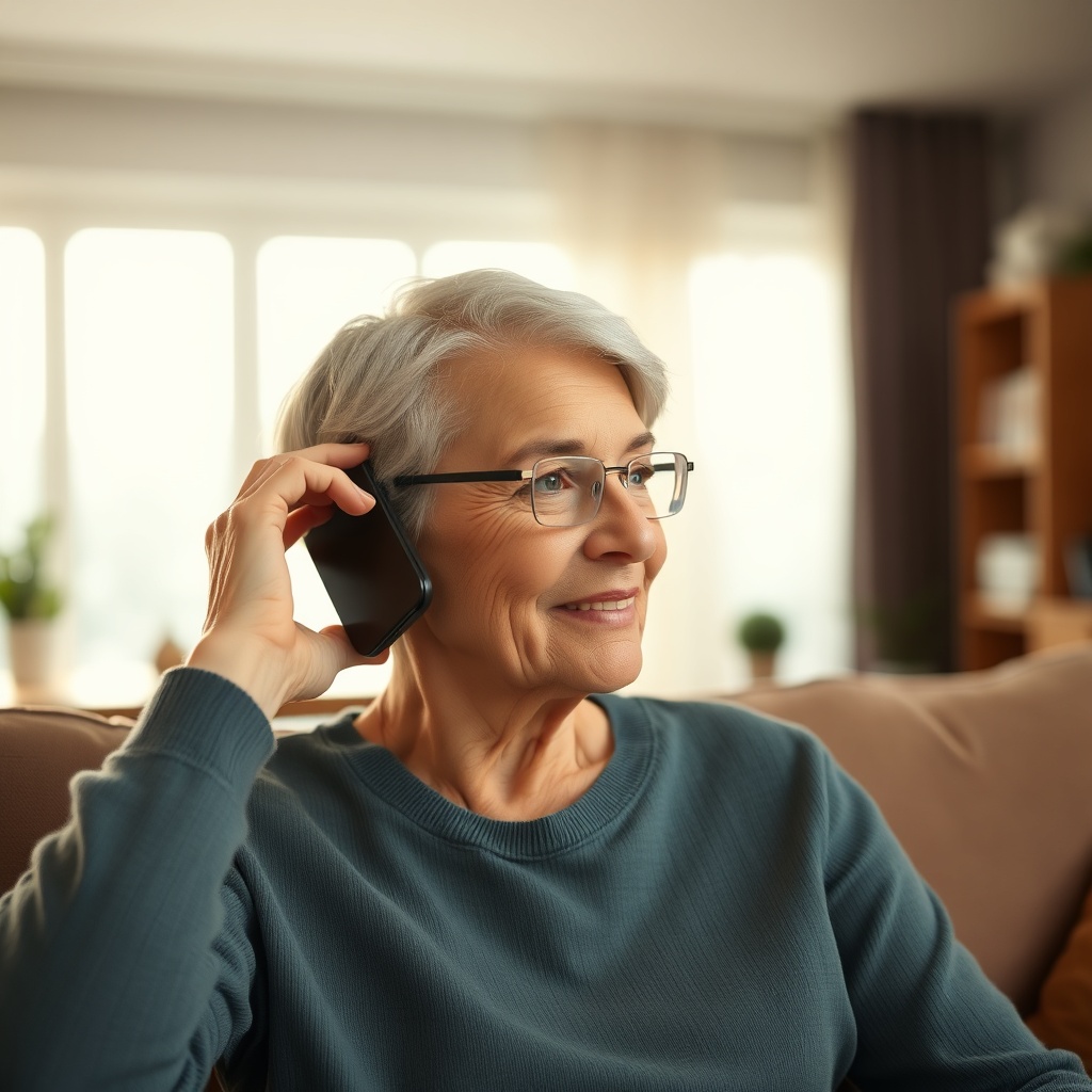 A clean photorealistic depiction of a person wearing hearing aids while talking on a smart