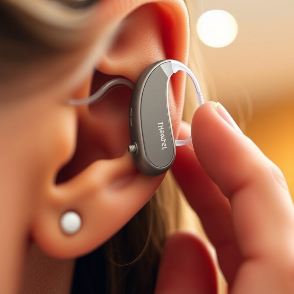 Close-up of a HearWell hearing aid being inserted into an ear
