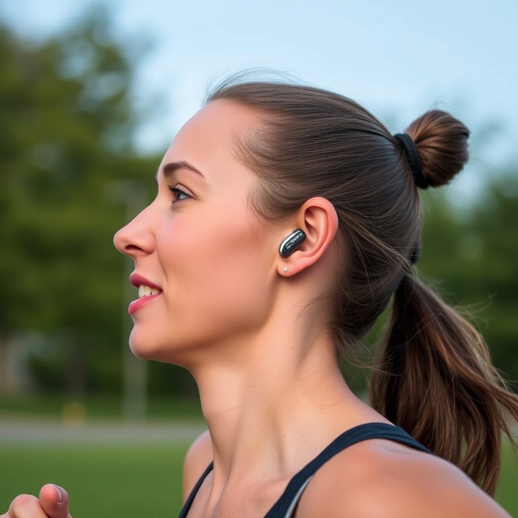 A person jogging outdoors wearing HearWell hearing aids