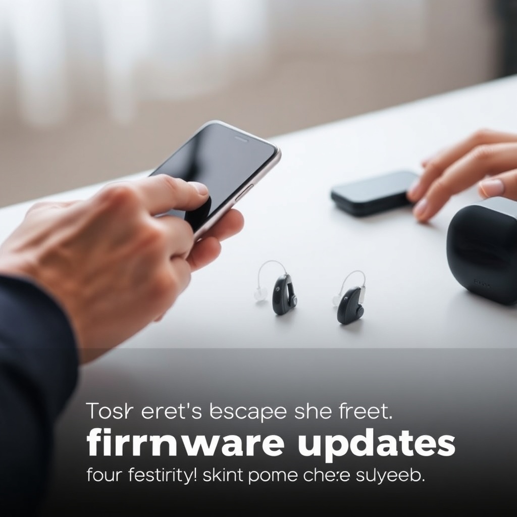 <clean photorealistic photo of a user holding a smartphone near two hearing aids on a tabl