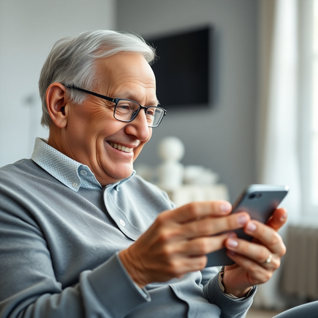 <clean photorealistic photo of a satisfied older adult wearing HearWell hearing aids while