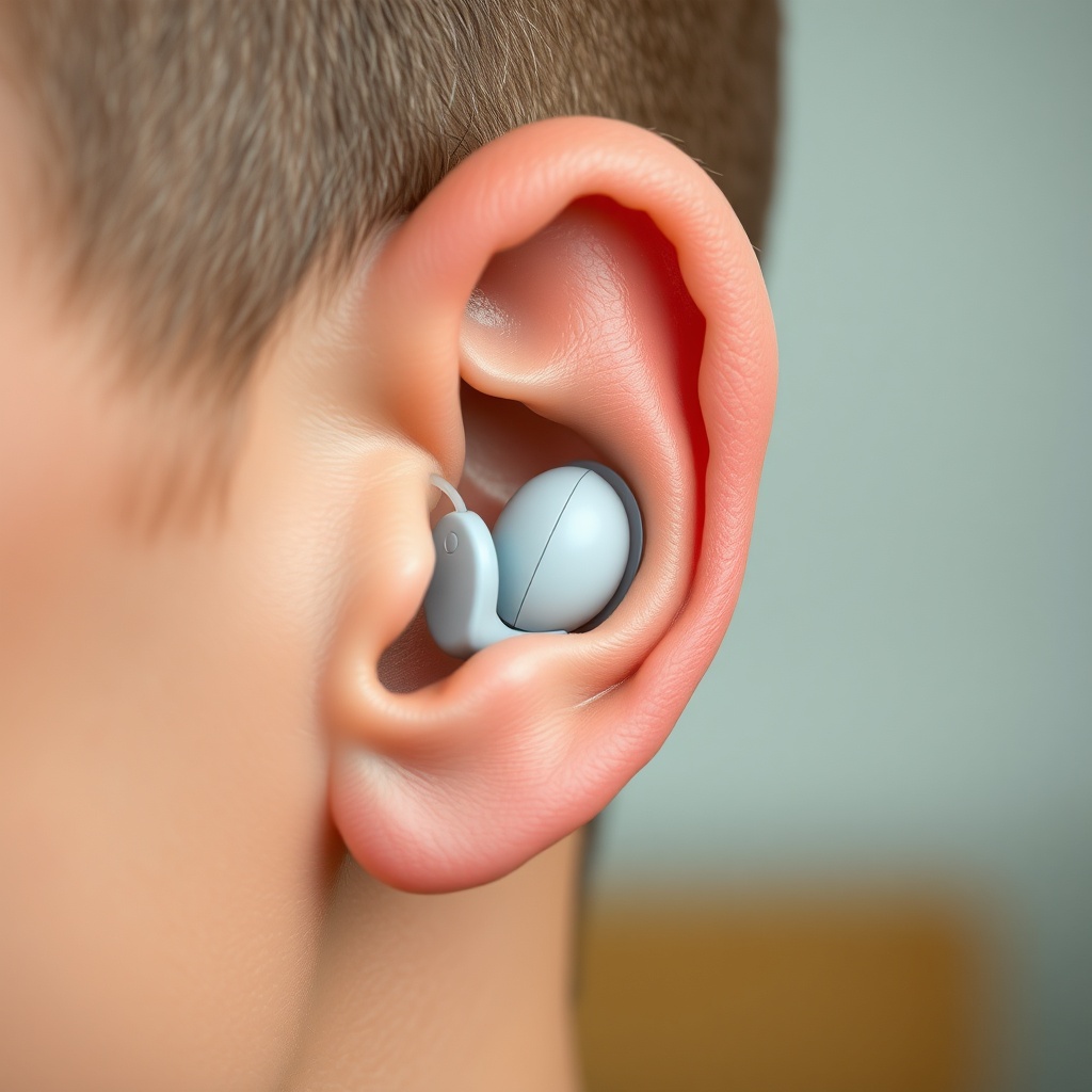 <A photorealistic side-view of a human ear with a closed dome hearing aid fully inserted