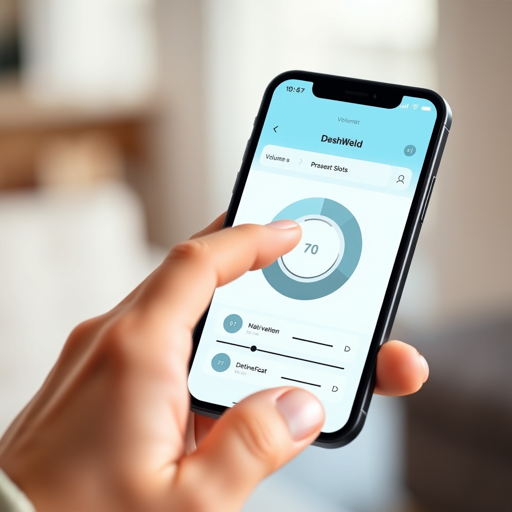 <clean photorealistic photo/illustration of HearWell app dashboard on a smartphone showing