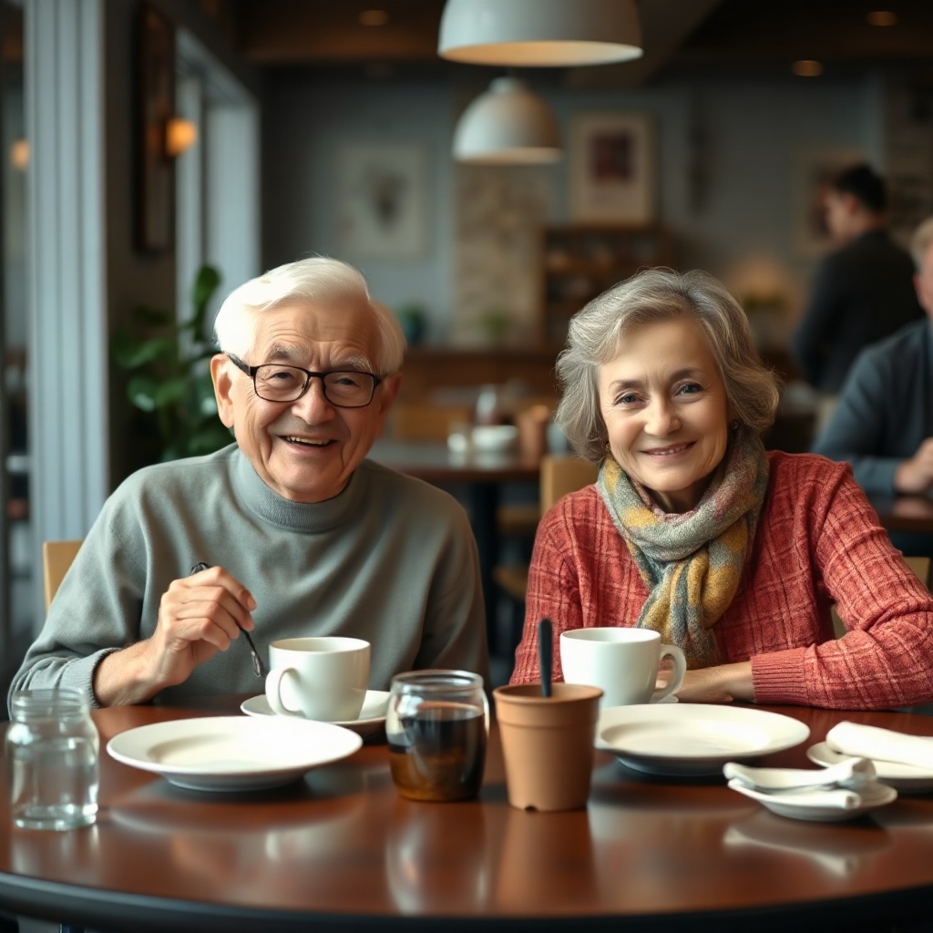 <clean photorealistic photo/illustration of two smiling seniors wearing HearWell aids at a