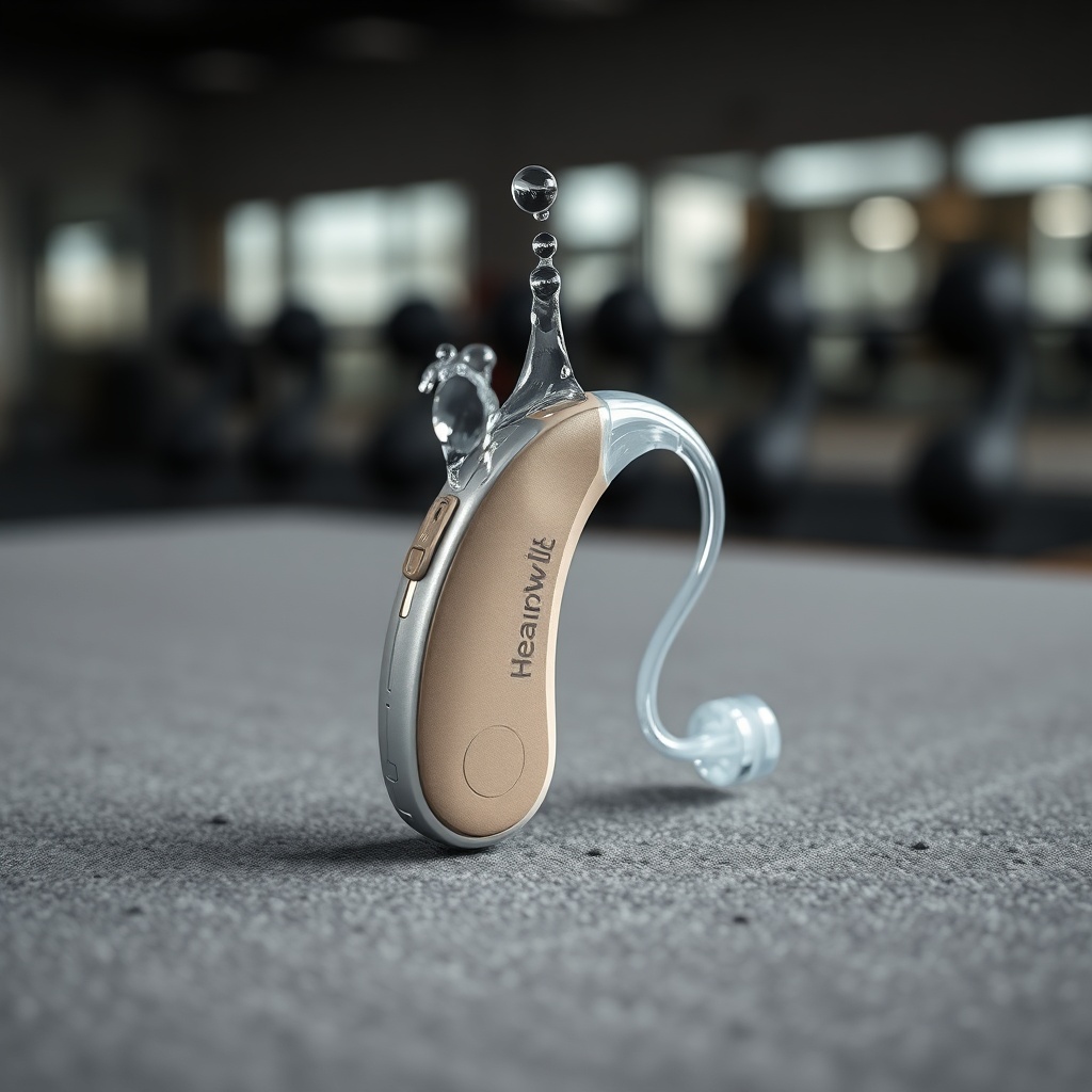 A photorealistic close-up of a HearWell Regeneration hearing aid being splashed with clear