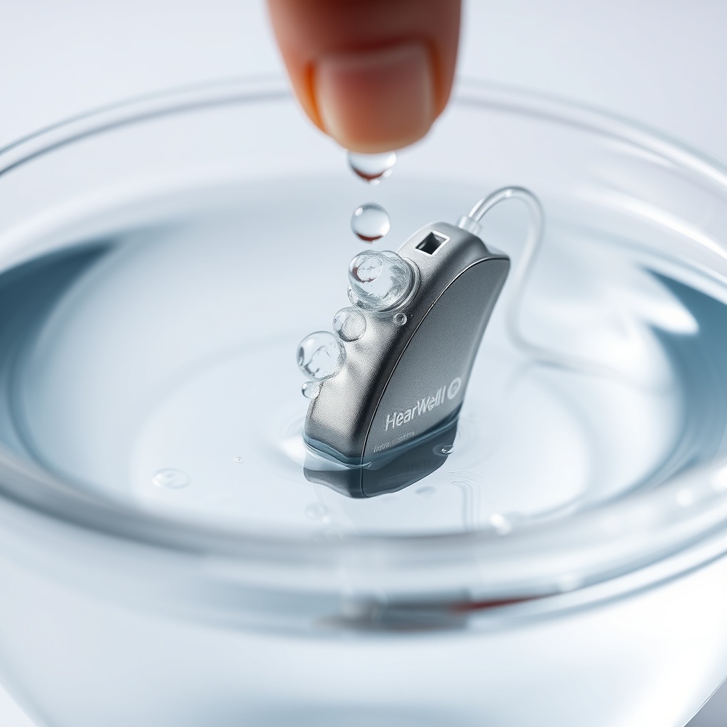 A photorealistic macro shot of a HearWell Regeneration hearing aid submerged in clear wate
