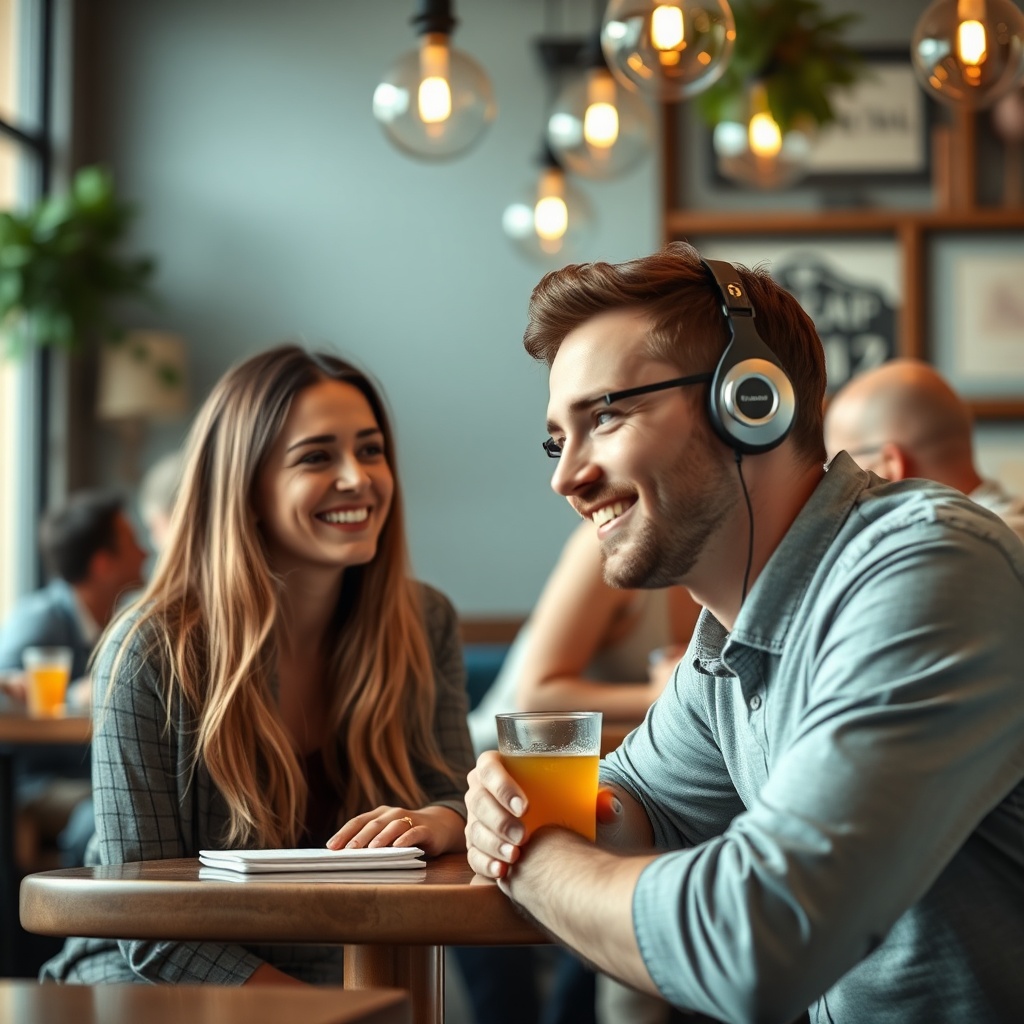 <clean photorealistic photo of a person wearing HearWell Regeneration at a lively café