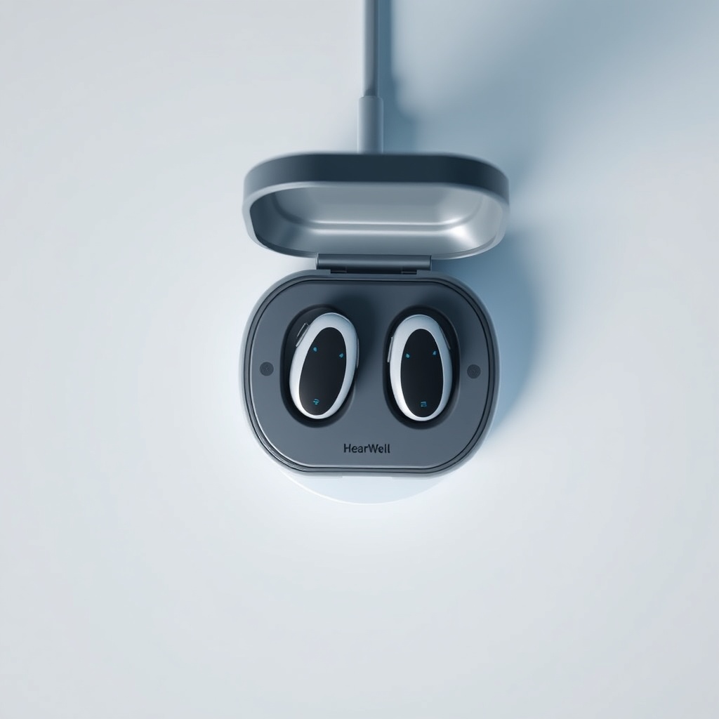 A photorealistic overhead shot of the HearWell Regeneration charging case on a wireless ch
