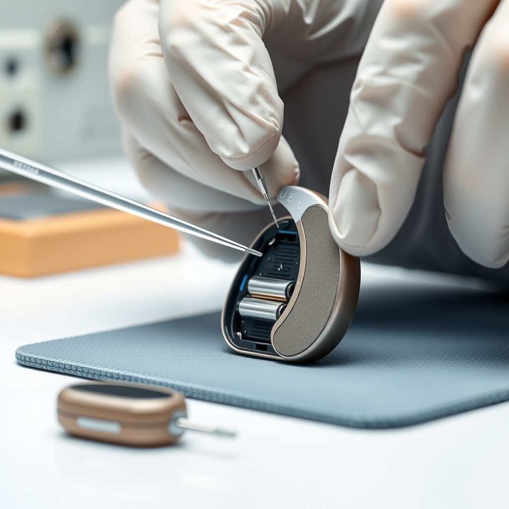 A photorealistic close-up of a technician swapping the battery module inside a HearWell Re