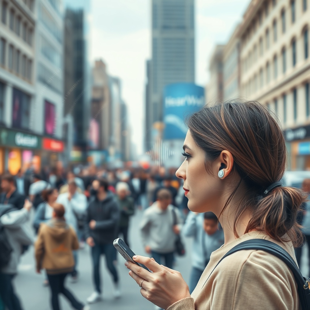 A clean photorealistic photo of a crowded city square with a person in the foreground wear