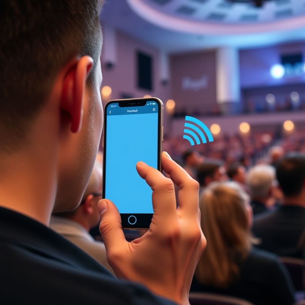 A clean photorealistic photo of a person in a crowded indoor venue (concert hall) holding