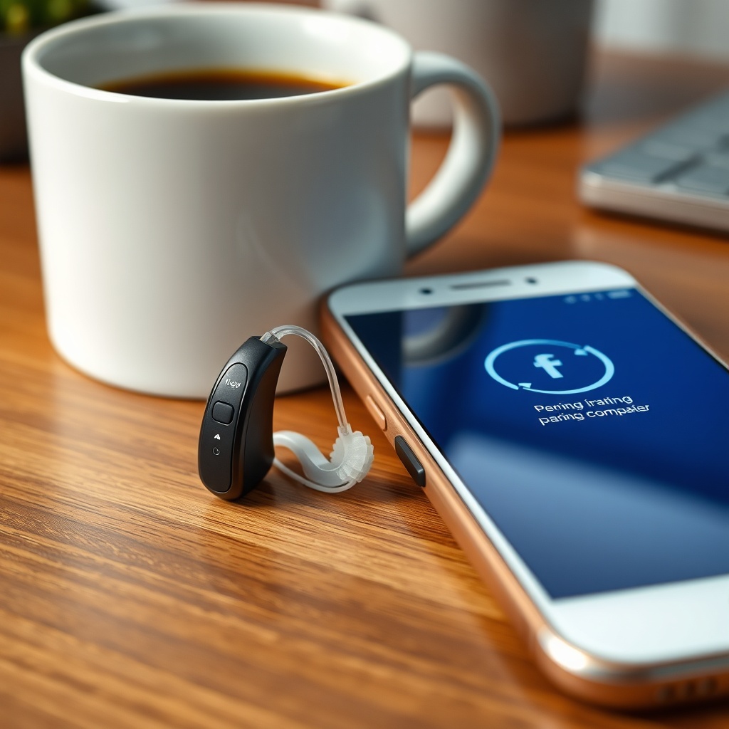 <A photorealistic macro shot of a HearWell Regeneration hearing aid placed next to a moder