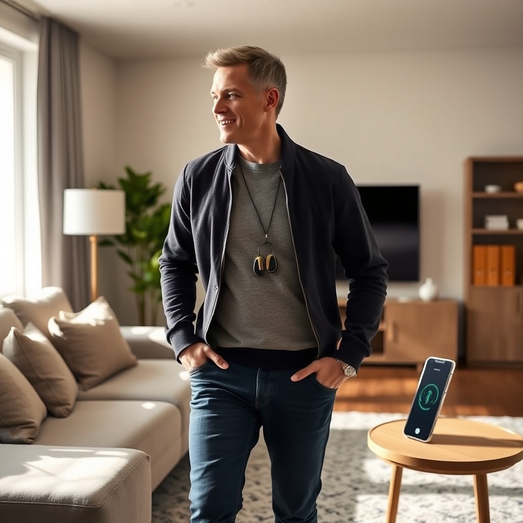 <A photorealistic photo of a person walking through a modern living room