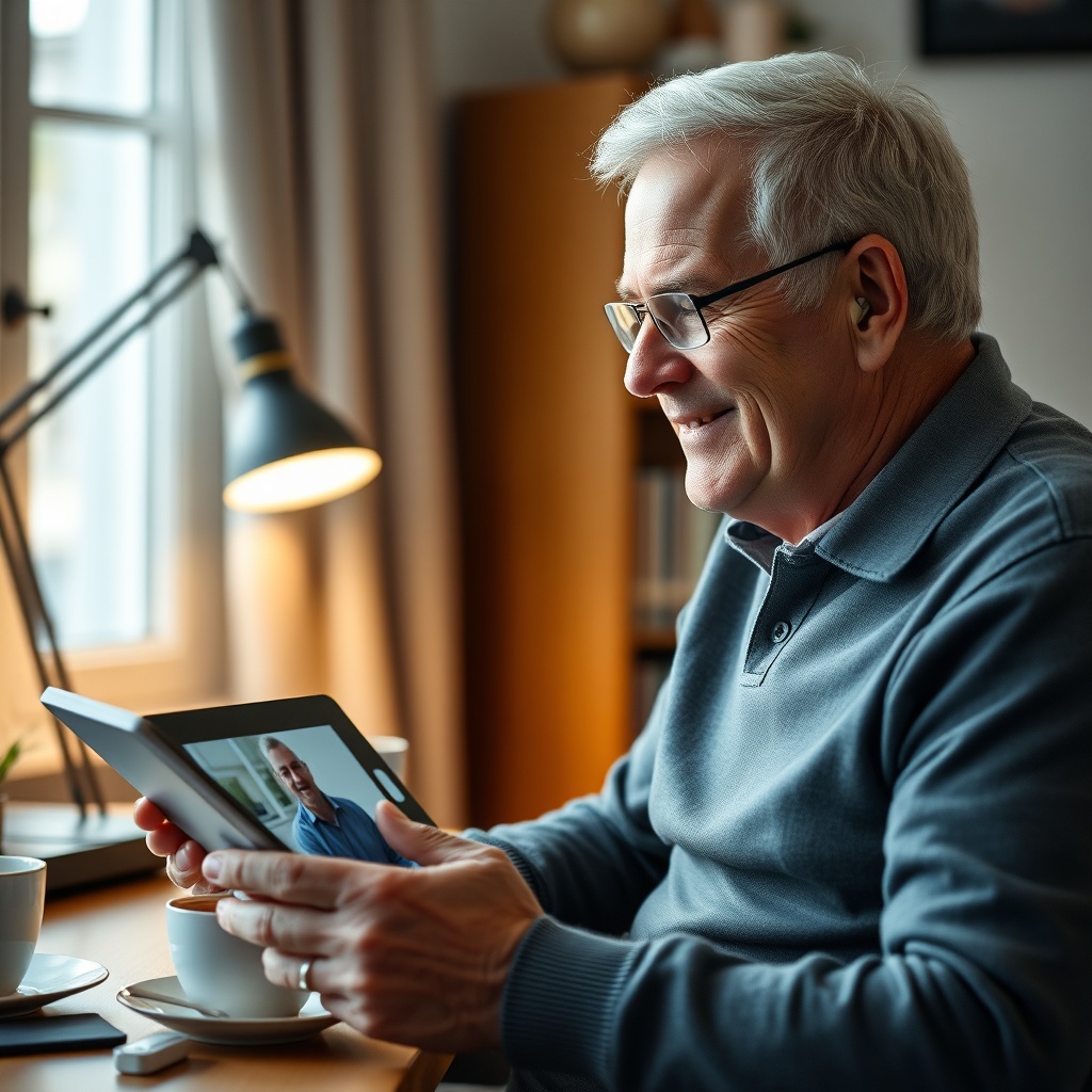 A photorealistic photo of an older adult male in a cozy home office