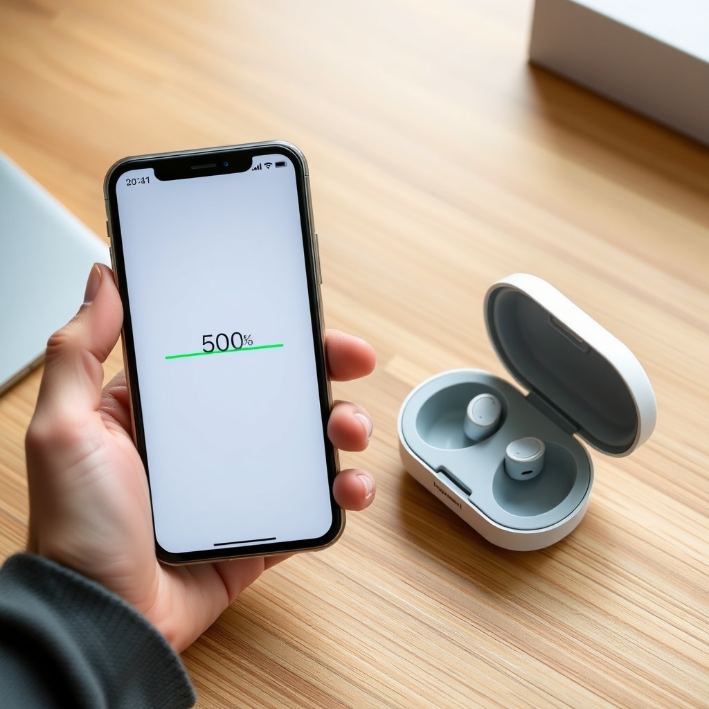 A photorealistic photo of a person holding a smartphone showing a 50% firmware update prog