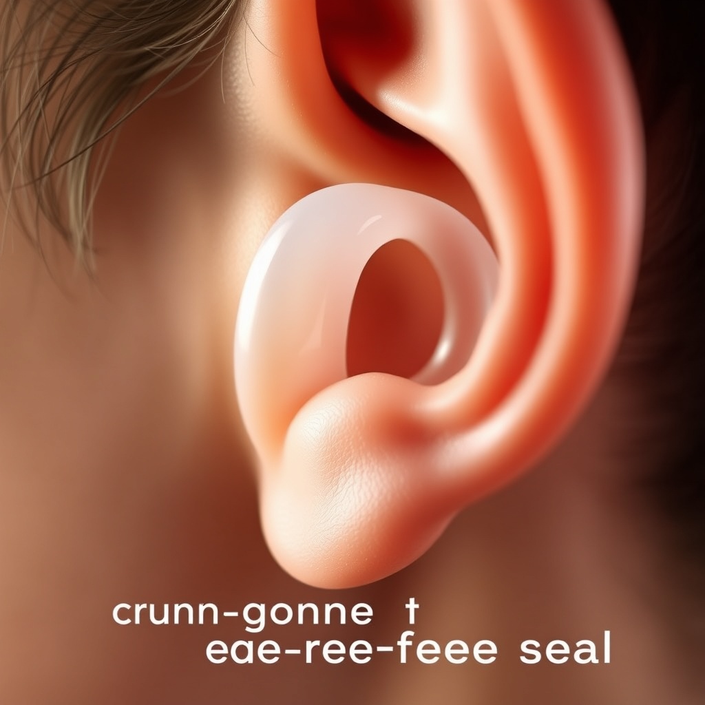 A photorealistic side-view of a human ear with a custom silicone earmold inserted