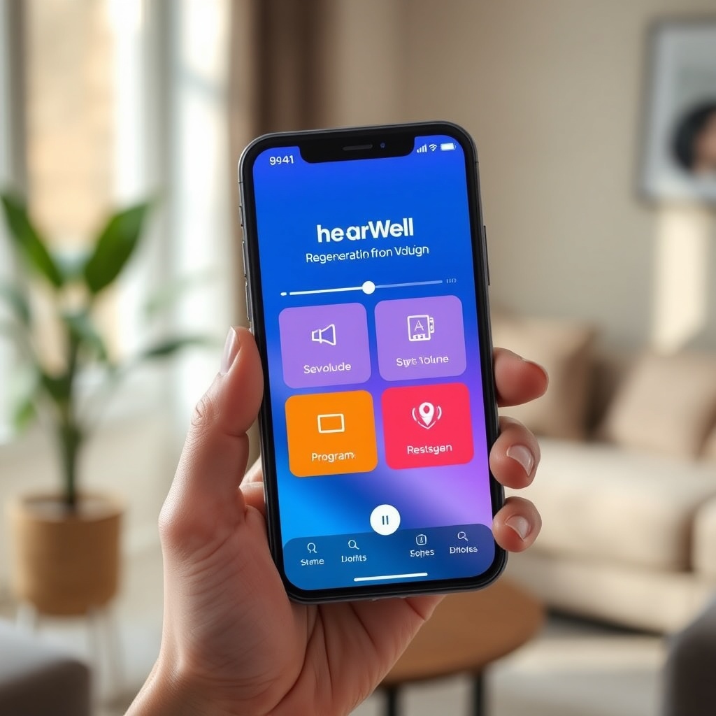 A clean photorealistic photo of a smartphone held in a hand displaying the HearWell Regene
