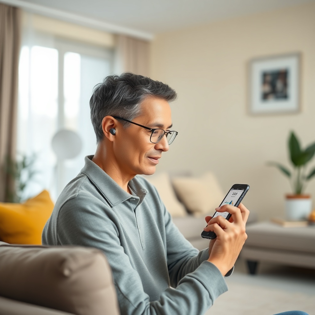 <clean photorealistic photo/illustration of a person in a modern living room using a smart