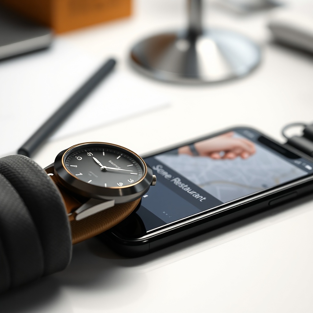 <clean photorealistic photo/illustration of a wristwatch and smartphone on a desk