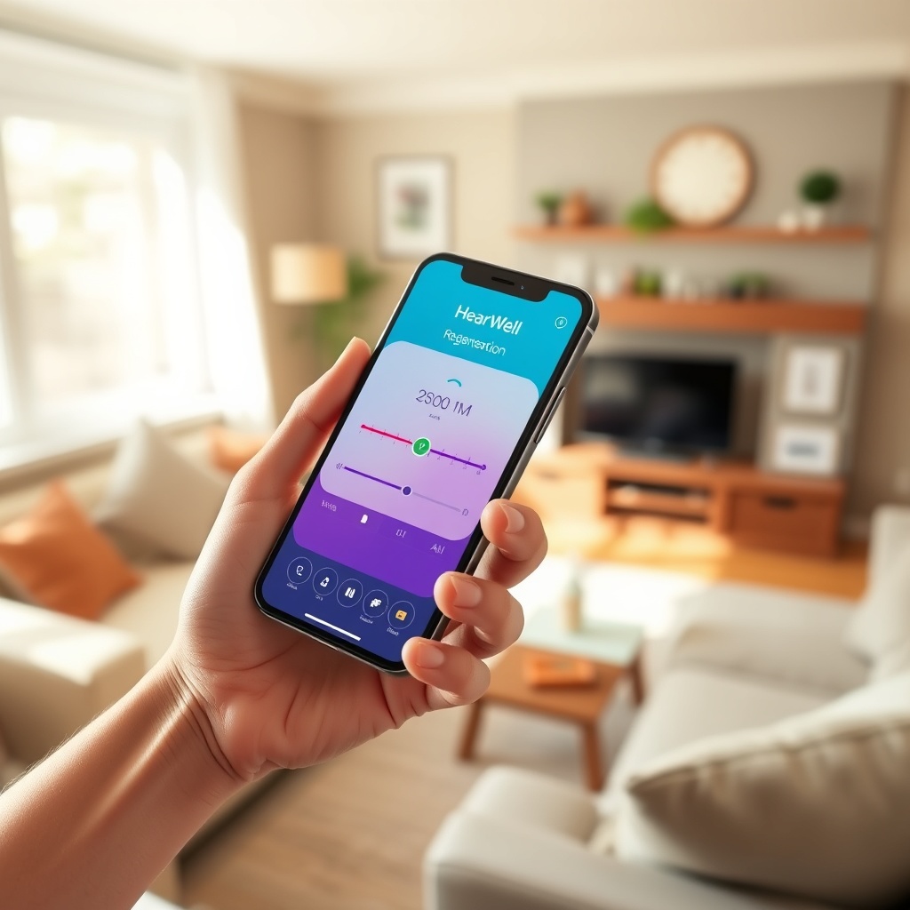 <clean photorealistic photo of a person holding a smartphone with the HearWell Regeneratio