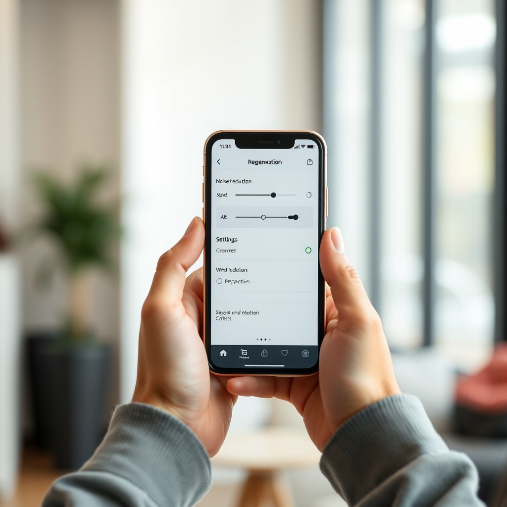 <clean photorealistic photo of a person’s hands holding a smartphone showing the HearWell