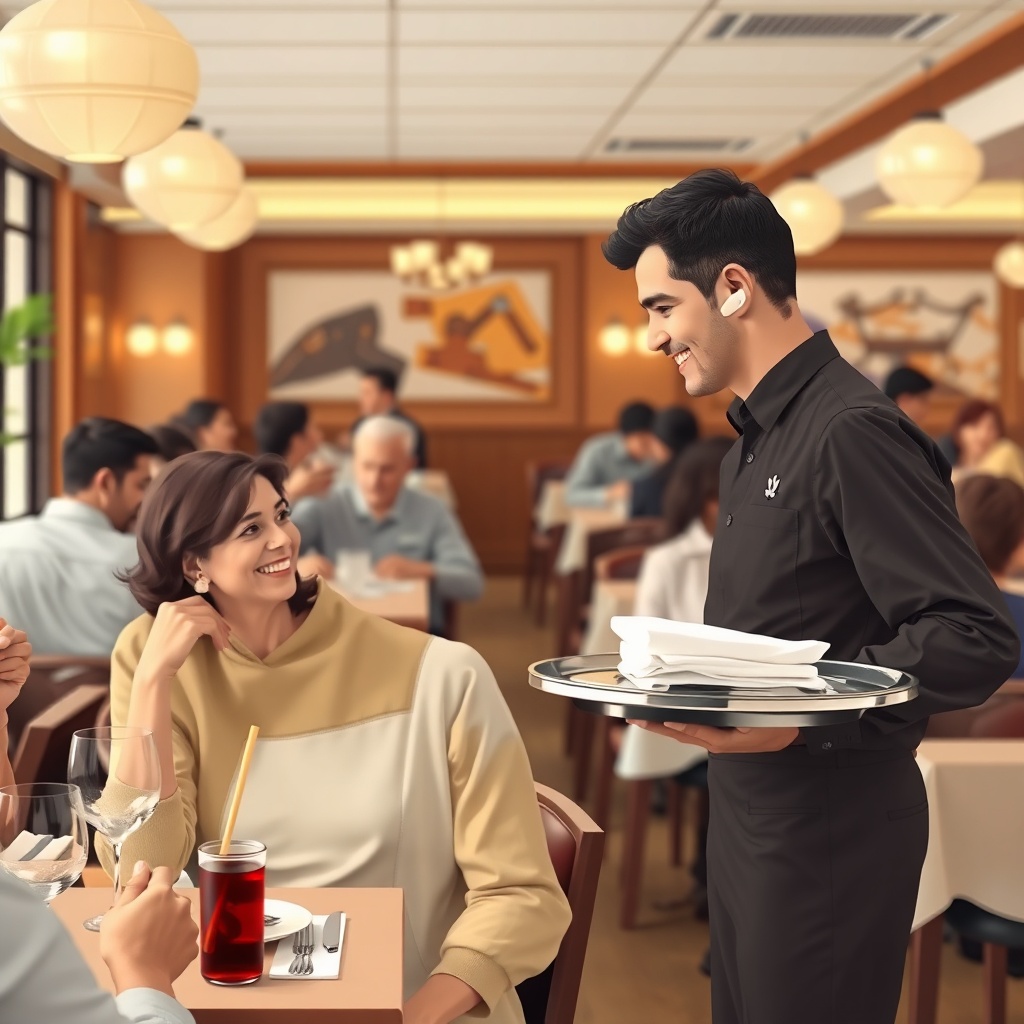 <clean photorealistic photo/illustration of a busy restaurant interior with diners