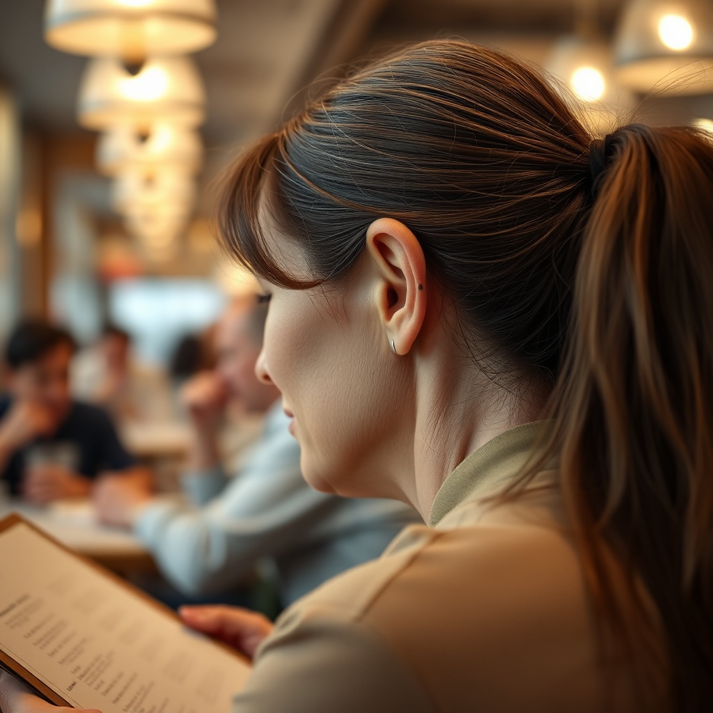 A clean photorealistic photo of a person in a busy restaurant setting