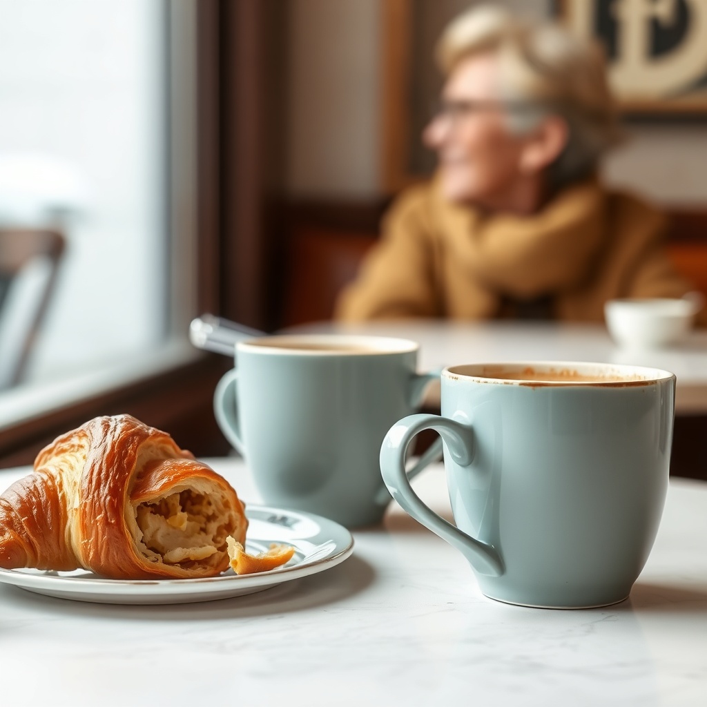 A clean photorealistic photo of a bistro table with two cups of coffee and a partially eat