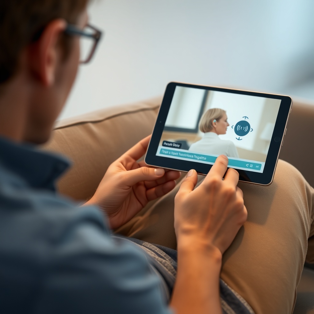 <clean photorealistic photo of a person sitting on a couch watching a tablet with HearWell