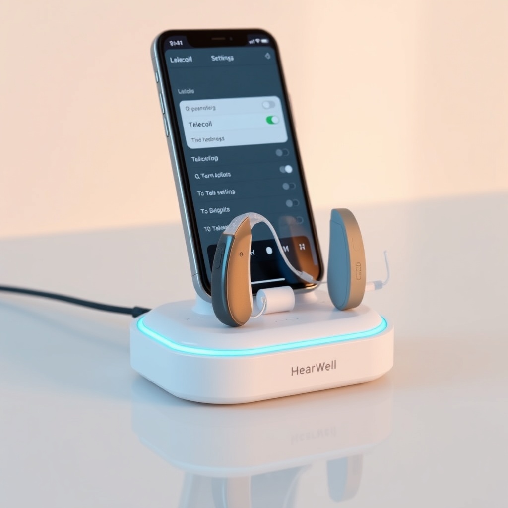 <clean photorealistic photo of a HearWell Regeneration hearing aid on a charging dock
