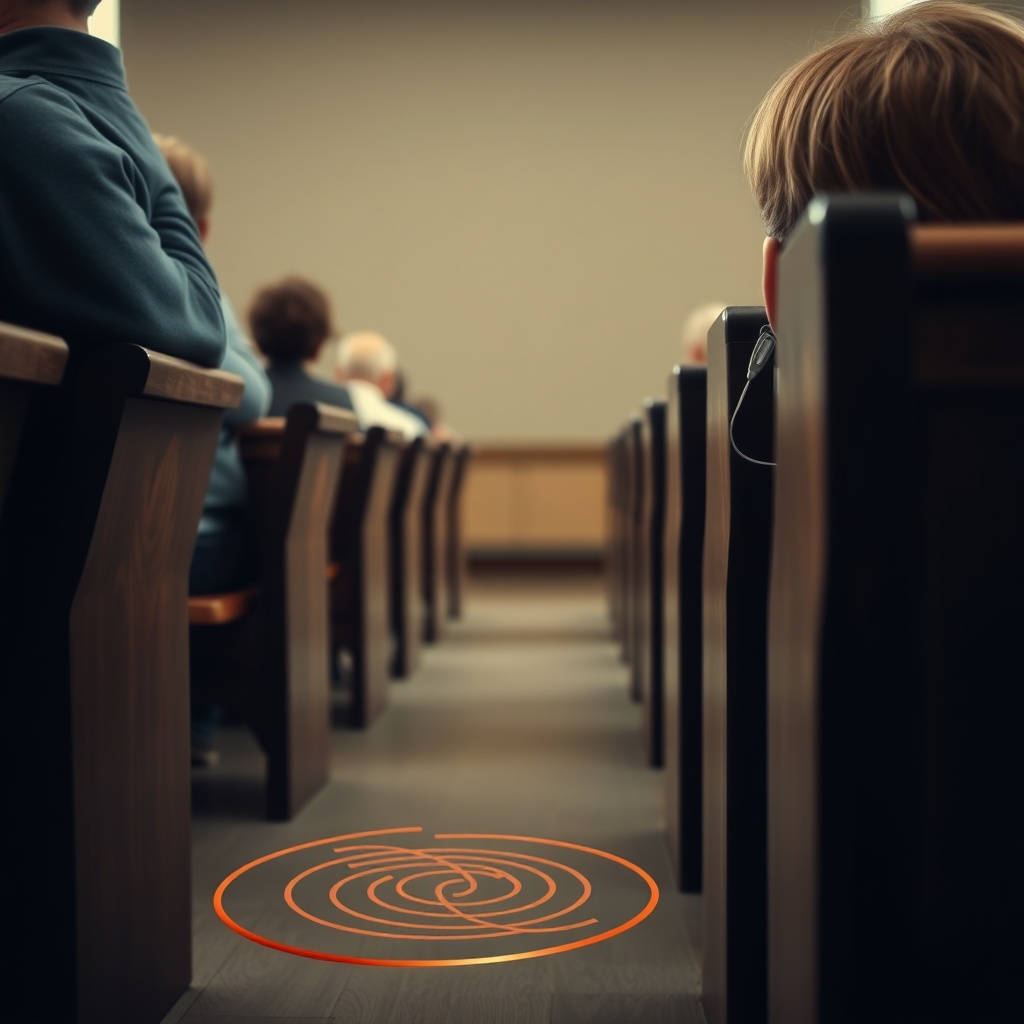 A clean photorealistic photo of a person in a pew wearing HearWell Regeneration hearing ai