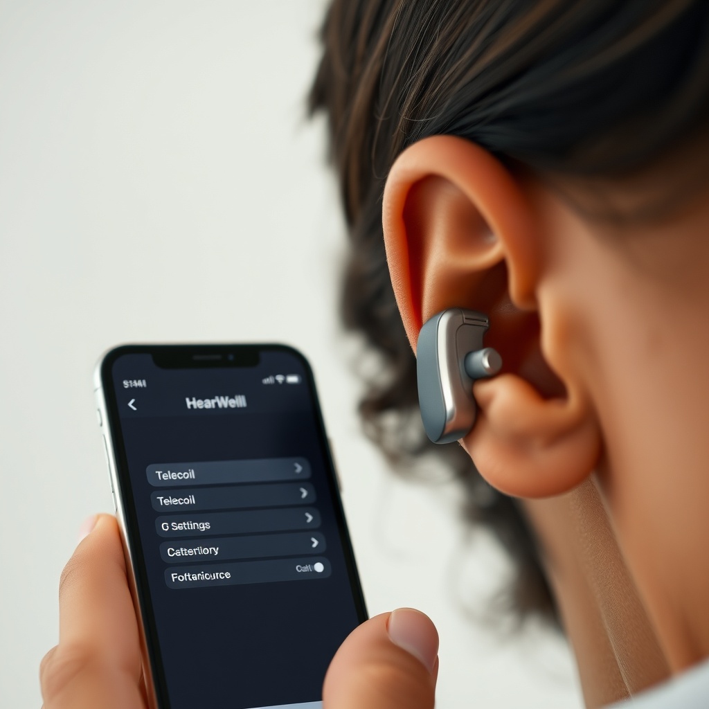 A clean photorealistic photo of a HearWell Regeneration hearing aid on an ear