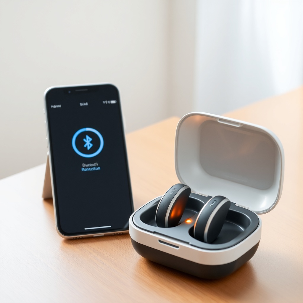A photorealistic photo showing a tabletop scene with a smartphone displaying a Bluetooth c