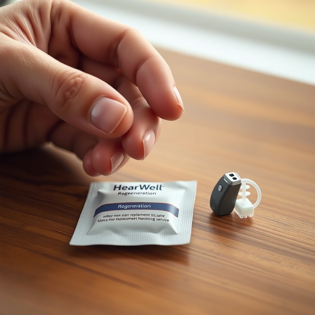A clean photorealistic close-up of a hand holding a HearWell Regeneration hearing aid next