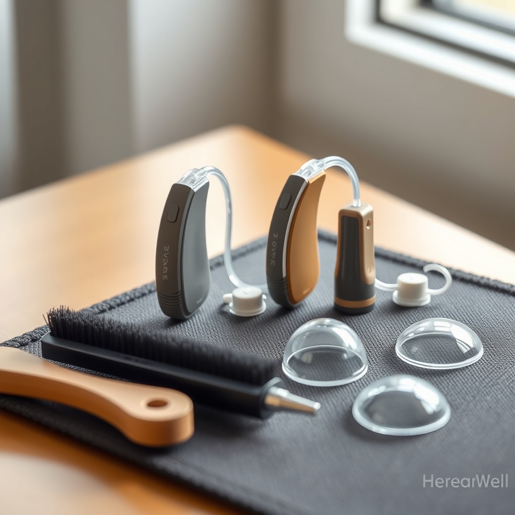 A photorealistic image showing a left and right HearWell Regeneration hearing aid placed o