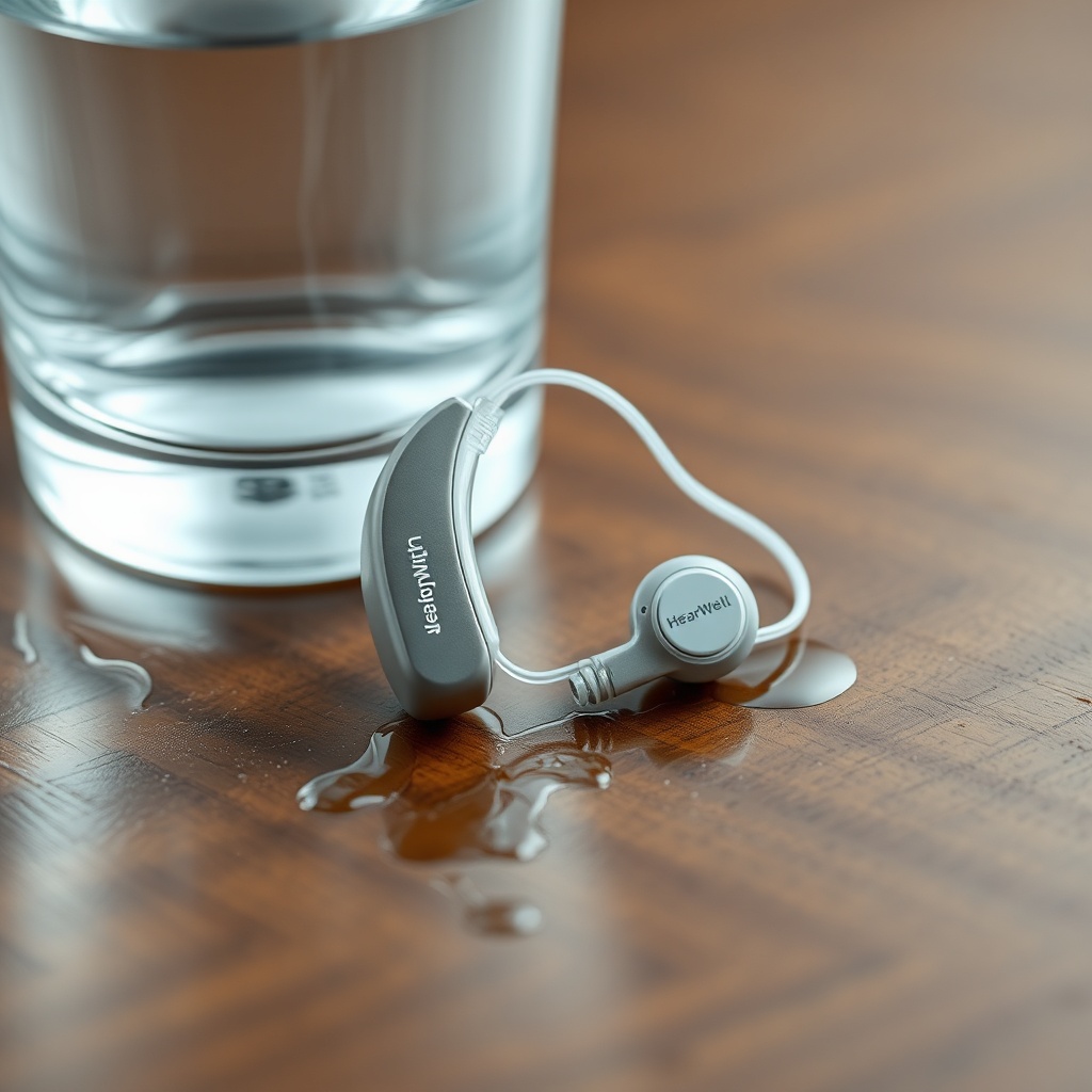 <A clean photorealistic photo of a HearWell Regeneration hearing aid lying on a wet wooden