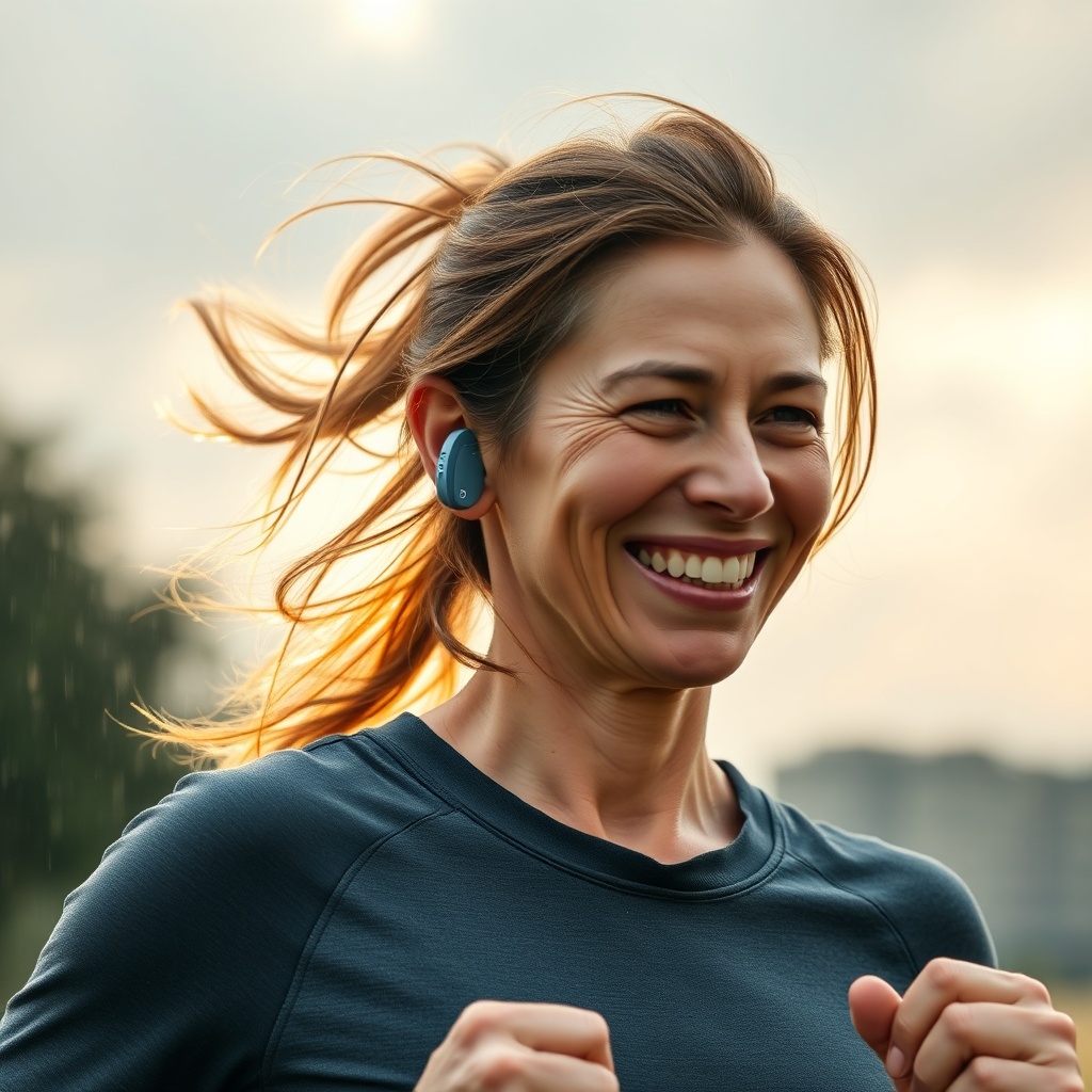 <A clean photorealistic photo of a smiling person wearing HearWell Regeneration hearing ai