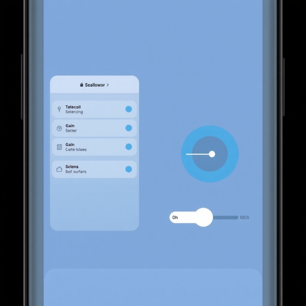 <clean photorealistic photo/illustration of HearWell app interface showing telecoil settin