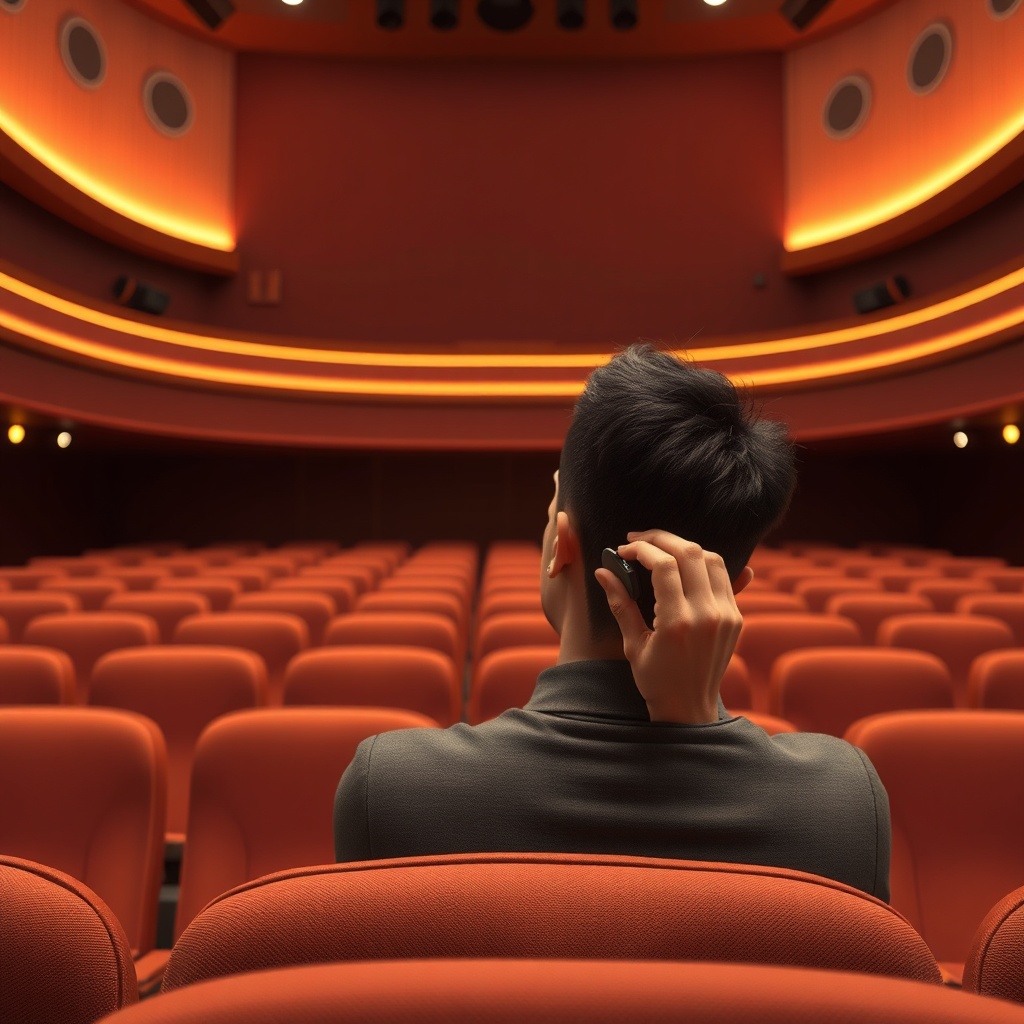 A clean photorealistic photo of a modern theater interior with a person in the center row