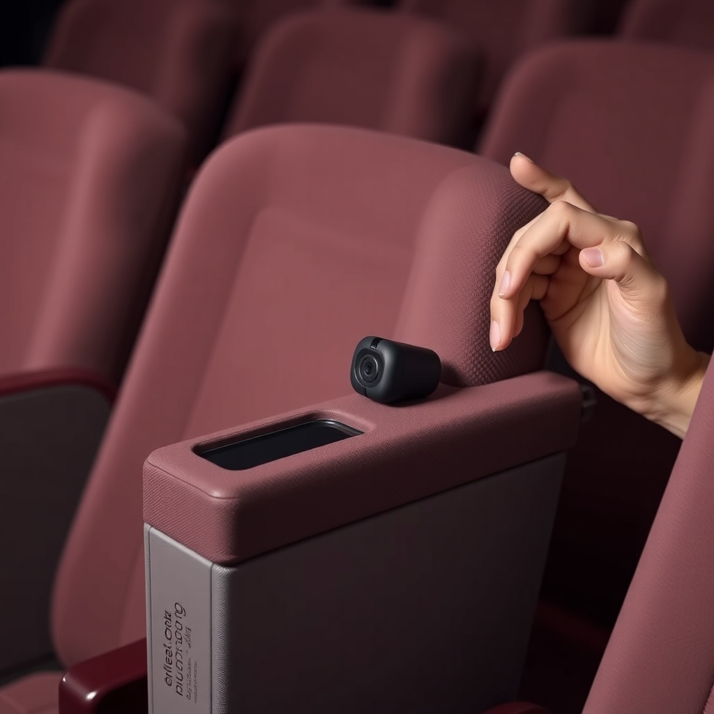 A clean photorealistic photo of a small loop receiver array mounted on a theater seat armr