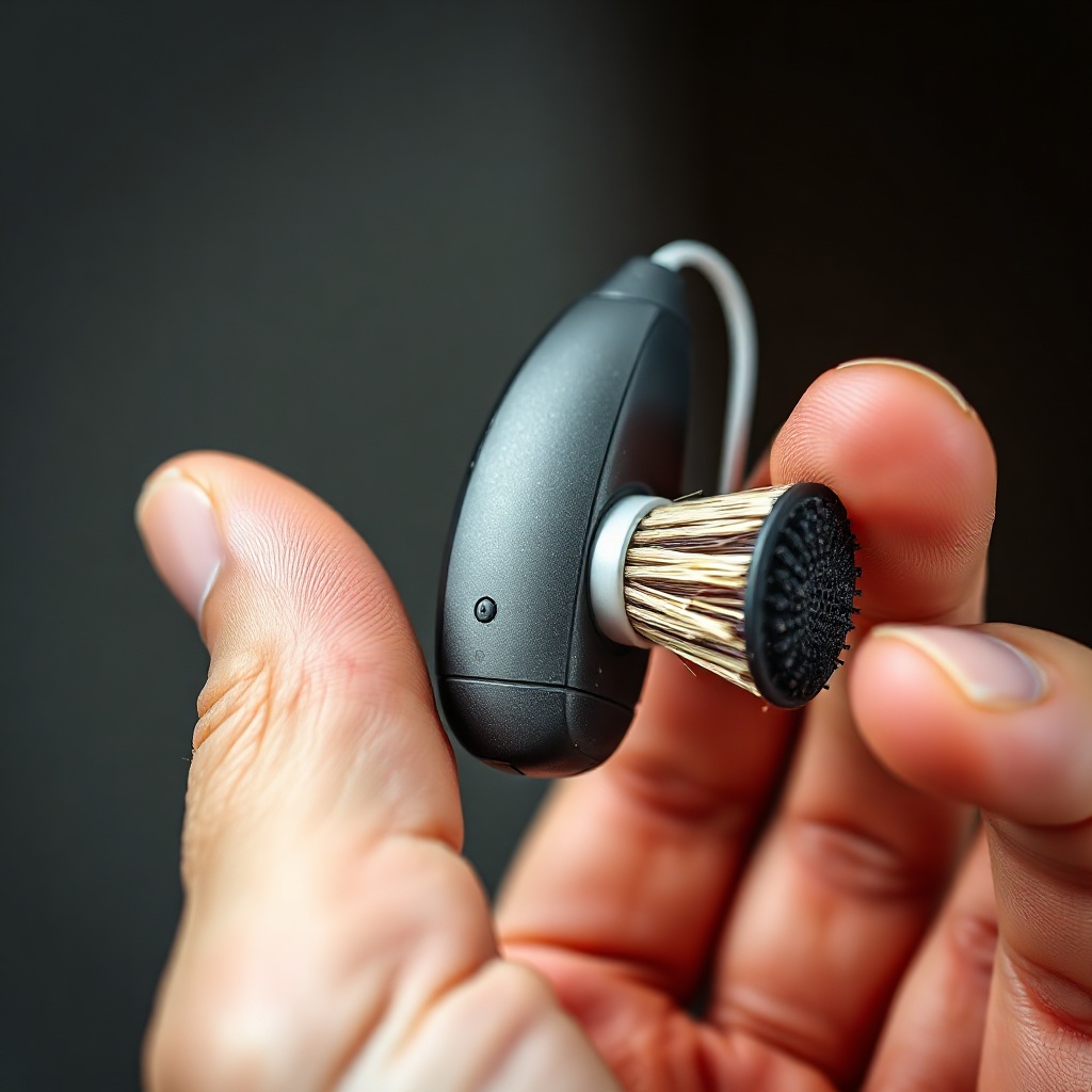 <clean photorealistic photo of a hand holding a HearWell hearing aid near a microphone por