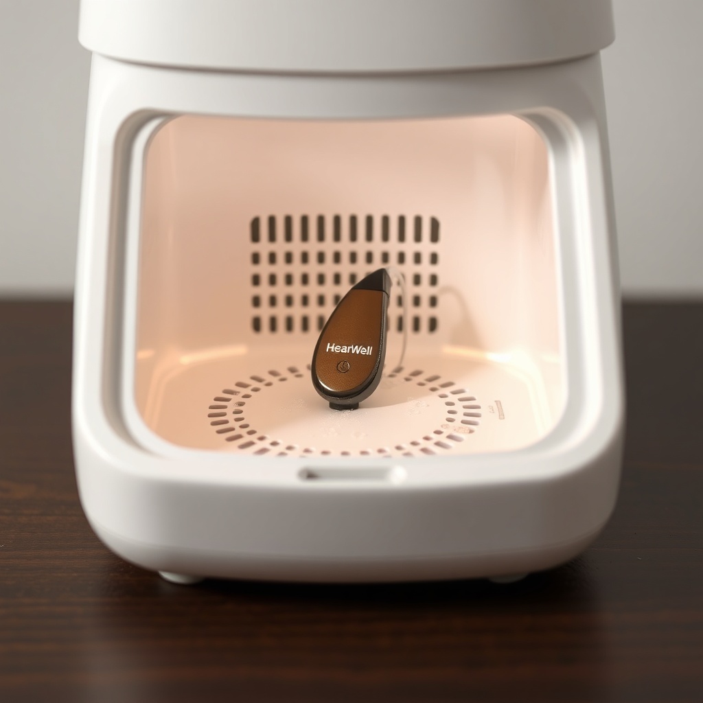 <clean photorealistic photo of a HearWell hearing aid placed inside a small electric dehum