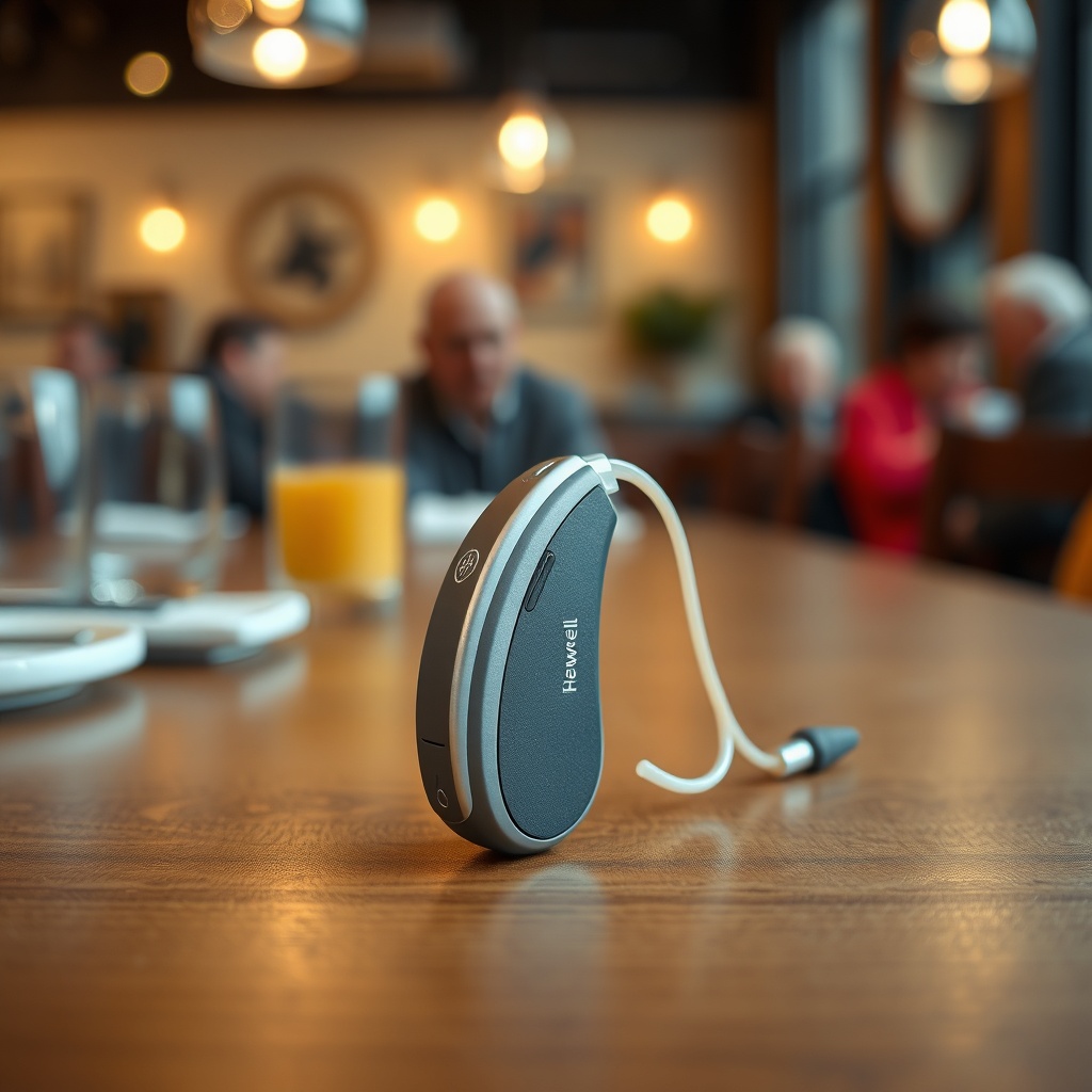 A realistic photo of a HearWell hearing aid placed on a wooden restaurant table